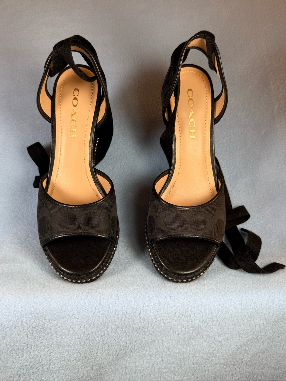 COACH Black Signature Canvas Ankle-Tie Heels
